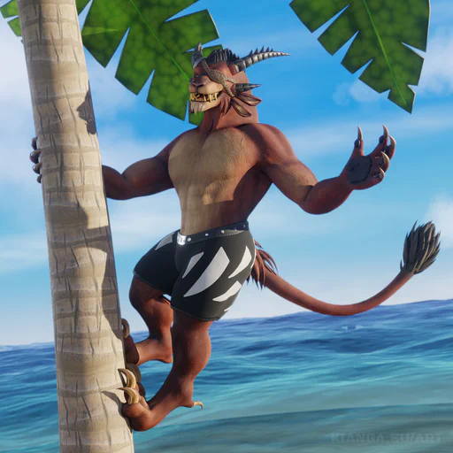 3D render of a shirtless male charr with brown fur, black shorts, and a leather eye patch, climbing a palm tree with tropical sea in the background. He's casually holding on to the trunk with one hand, the other raised in a wave, with the long claws on his feet and hand giving him perfect grip.