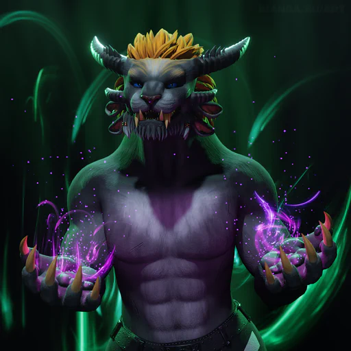 3D render of a shirtless male charr with dark gray fur from the waist up. He has a yellow mane and blue eyes, holding his arms out towards the viewer with palms up, purple glowing magic rising from his hands. More abstract green magic fills the background behind him.
