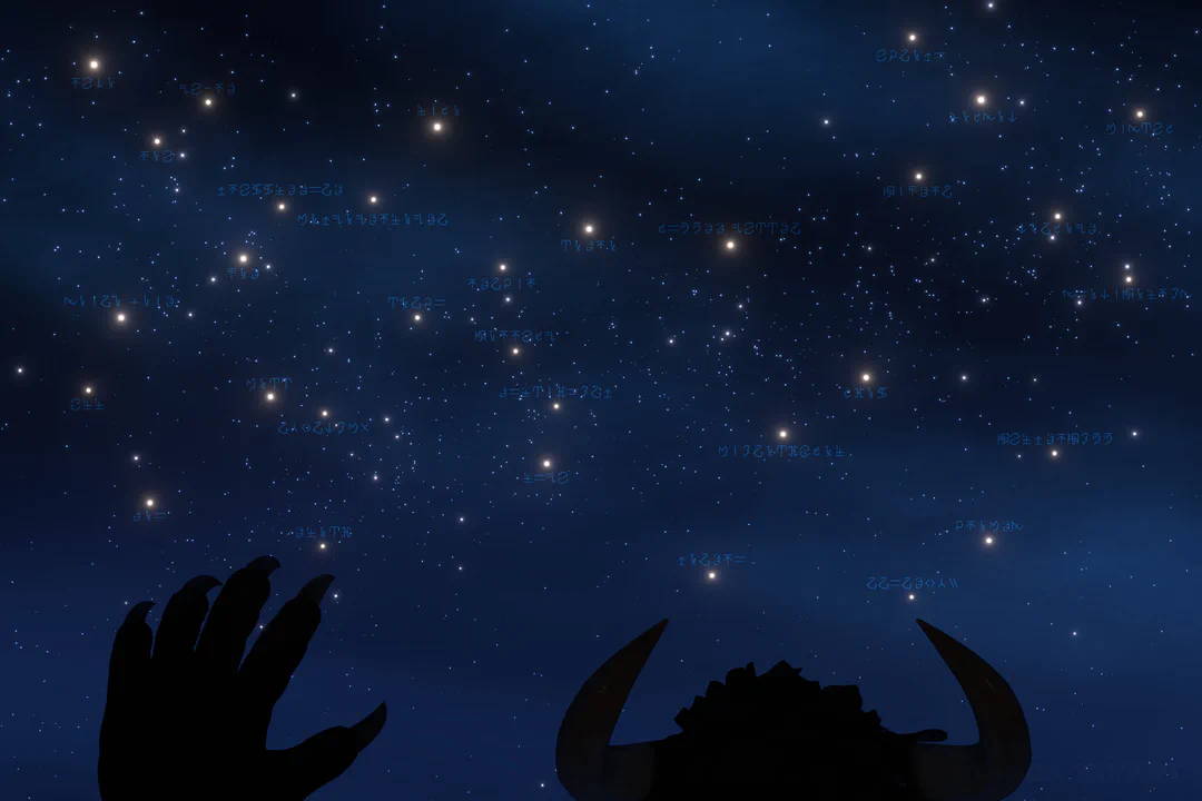 3D render of a dark blue night sky with a couple of stars shining in bright yellow. The stars are labeled with the names of my patrons in New Krytan. A dark silhouette of Kianga (just the top of his head and left paw) looks up at the sky, his paw raised like he's waving at them.
