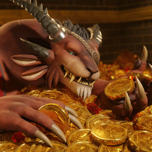 3D close-up render of a male charr with brown fur, one turquoise eye, and a brown eye patch, lying on huge pile of gold coins and ruby gems. One of the palm-sized coins is in his left hand, and he's looking at it with pure bliss.
