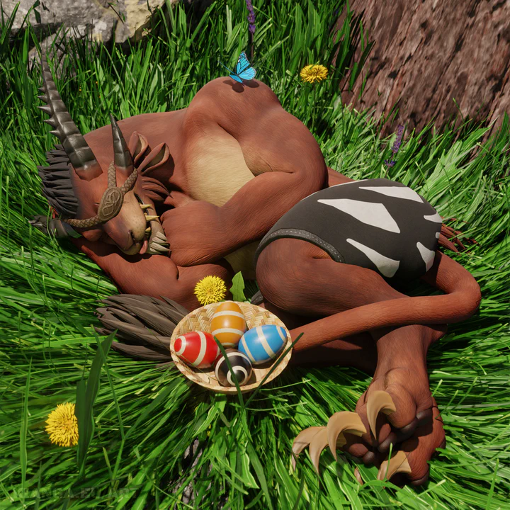 3D render of a male charr with brown fur and an eye patch, curled up and sleeping in long grass between some dandelions, with his tongue sticking out in a blep. He's wearing black shorts and no shirt. There's a basket with four large painted Easter eggs next to him, in the colors of the four charr legions: red for Blood, yellow for Flame, blue for Iron, black for Ash.
