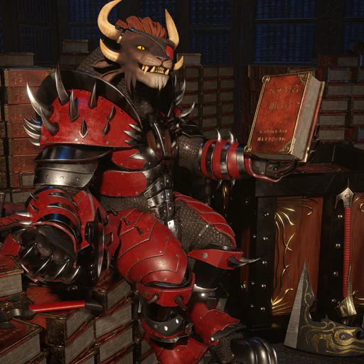 3D render of a charr warrior with a red eye patch in full battle armor, sitting on a pile of hundreds of large, heavy brown books somewhere in a dark library. He's holding one of them in his left hand, looking a bit incredulous.
