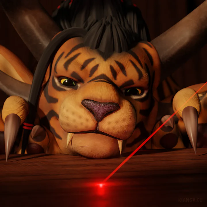 Close-up 3D render of a charr (Warrick Ashblood) with dilated pupils, staring intensely at the red dot of a laser pointer just in front of his nose.