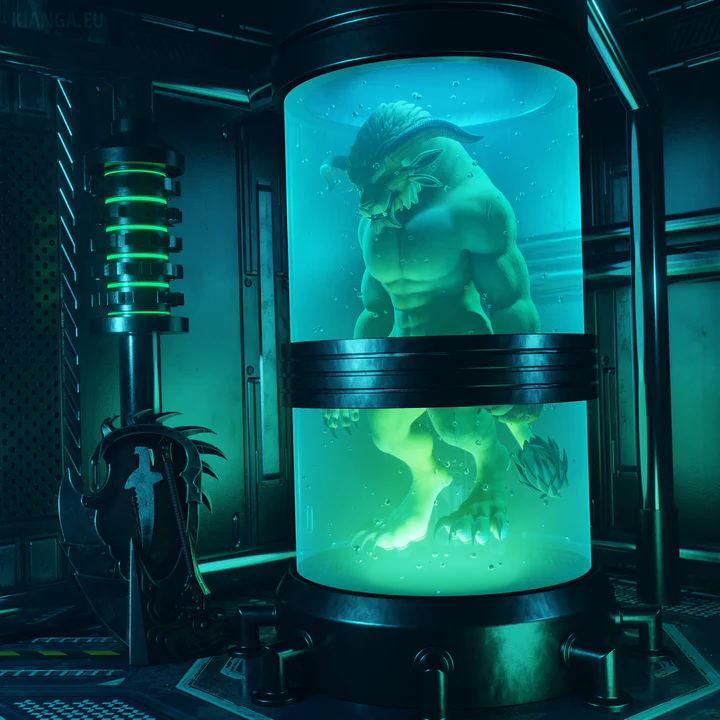 3D render of a sci-fi environment, with a charr warrior (Garro Facebreaker) floating unconscious in a kind of healing tank. His axe and shield are leaning on a wall next to the tank. Everything is illuminated with green and blue-ish light.