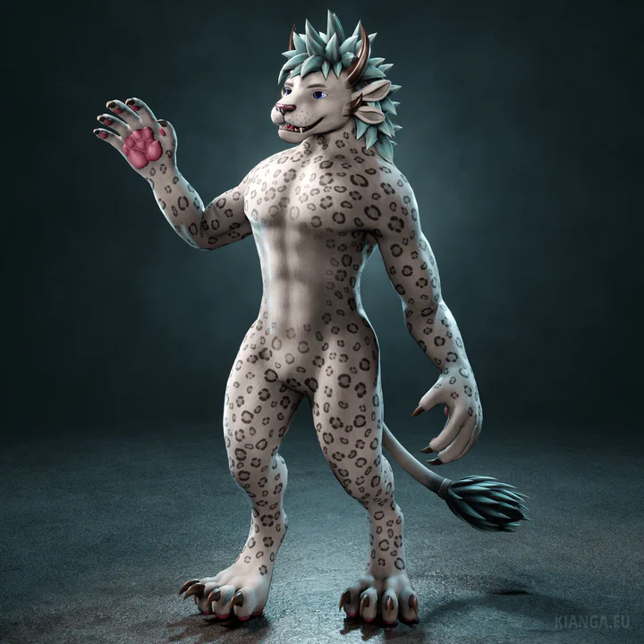 3D render of a male charr with white fur, a long teal-colored mane, snow leopard spots and pink paw pads.