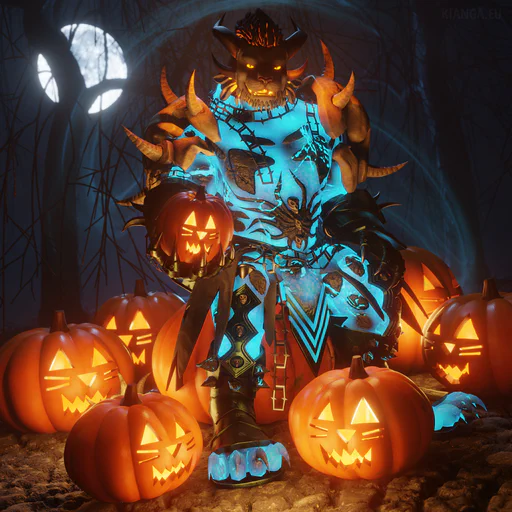 3D render of a male charr (Drizzlebone) wearing ghostly blue glowing armor, sitting surrounded by glowing jack-o-lanterns. He is holding a smaller carved pumpkin in his right paw and his eyes and mouth glow in a bright orange. A full moon in the background reveals the outlines of leafless trees behind him.