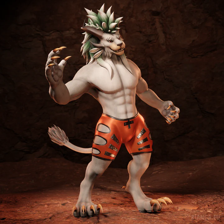 3D render of a male charr (Ratchet) with a long fluffy mane and orange swimming trunks