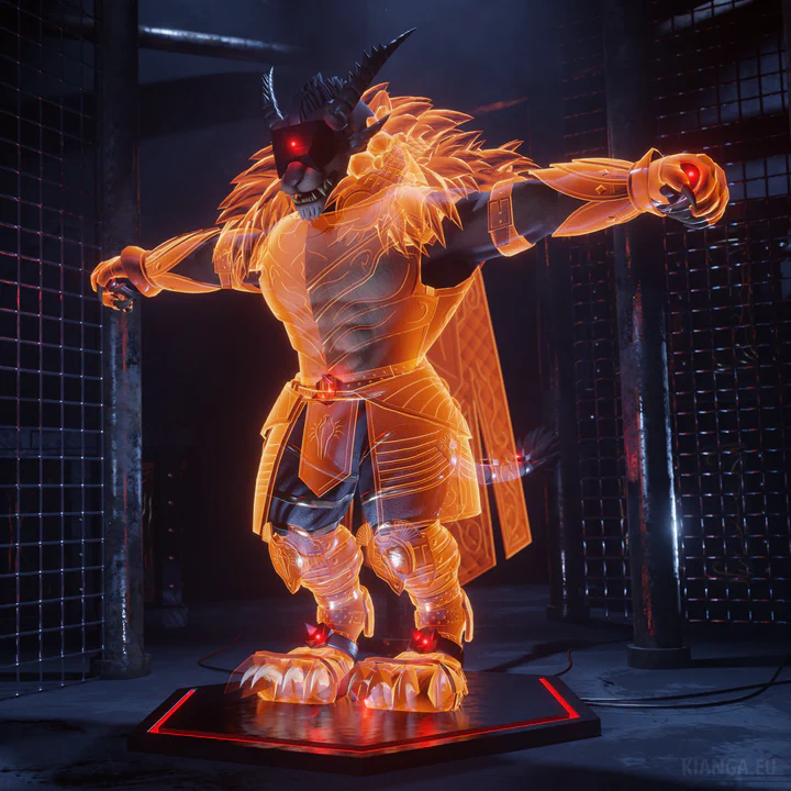 3D render of a male charr (Bloodeye Lacsap) in a dimly lit industrial environment: concrete, rusty pipes, metal fences. He’s standing on a high-tech looking pedestal with a red glowing edge, arms held in the typical calibration T-pose for VR full-body tracking. He is wearing a VR headset and red glowing tracking devices on his hands, waist, feet, and tail. Visible over his simple black pants is a set of bright orange glowing “holographic” armor, presumably the outfit he is wearing in VR.