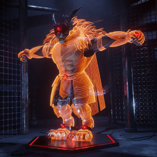 3D render of a male charr (Bloodeye Lacsap) in a dimly lit industrial environment: concrete, rusty pipes, metal fences. He’s standing on a high-tech looking pedestal with a red glowing edge, arms held in the typical calibration T-pose for VR full-body tracking. He is wearing a VR headset and red glowing tracking devices on his hands, waist, feet, and tail. Visible over his simple black pants is a set of bright orange glowing “holographic” armor, presumably the outfit he is wearing in VR.