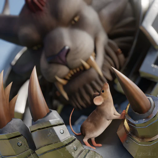 Close-up 3D render of a small house mouse sitting in a charr’s giant armored paw, trying to reach the tip of his thumb claw. The charr’s face fills most of the background (slightly out of focus) as he is watching the mouse in fascination.