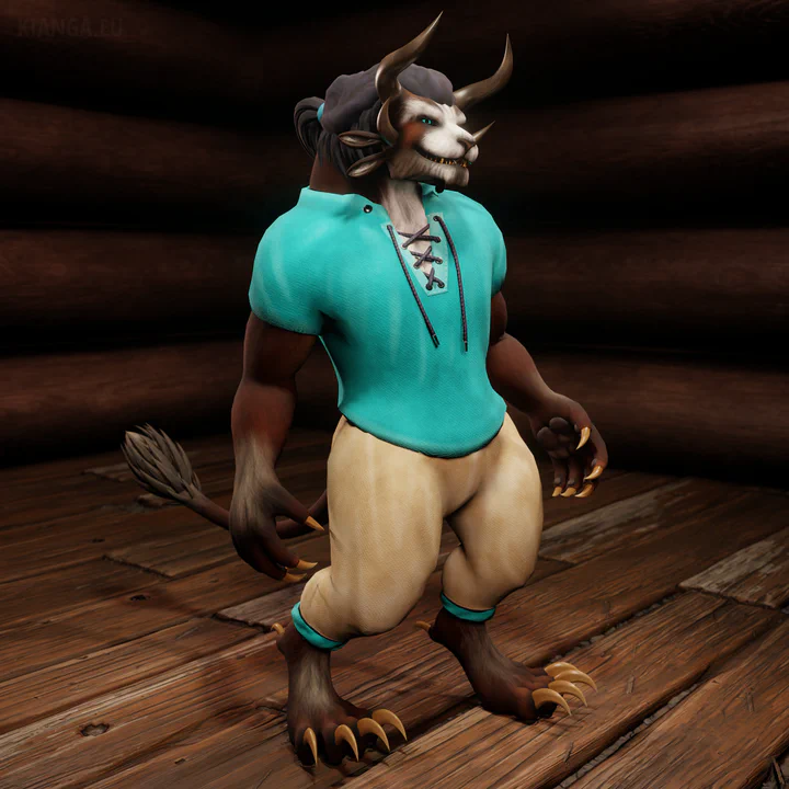 3D render of a male charr with dark brown fur and white markings on his face and chest. He has a friendly expression and is wearing cozy beige pants and a turquoise shirt that matches the color of his eyes.