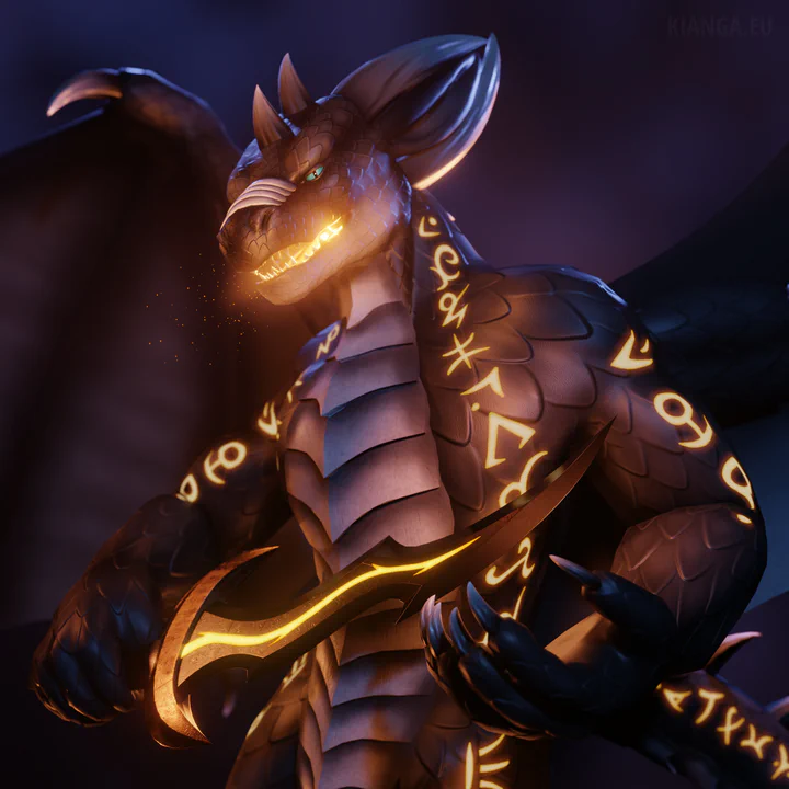3D close-up render of an anthropomorphic dragon (Seraphis Zurvan) staring down at the viewer, sparks and flames coming from his muzzle. He’s holding a vicious looking dagger in his right hand that glows with magical energy.