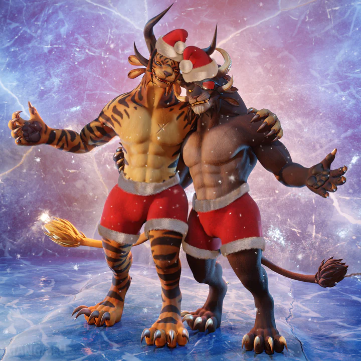 3D render of two male charr (Warrick Ashblood and Kianga Snowstorm) standing in an icy cave while wearing only Christmas hats and red shorts with white floof. They’re in a side hug and smiling at the viewer.