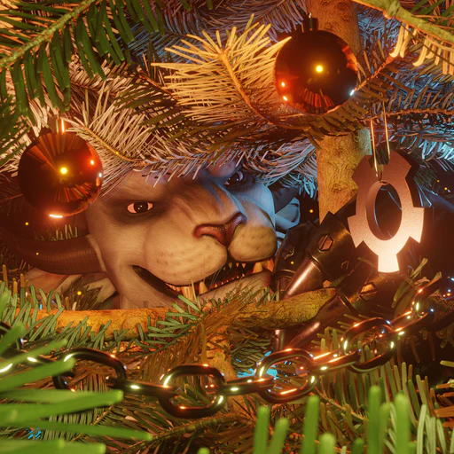 Close-up 3D render of a male charr (Drizzlebone) hiding in a Christmas tree with colorful lights and charr-themed decorations, including a chain and a decorative gear hanging from one of the branches. Just like a house cat, Drizzlebone looks very excited about the whole thing, with big dilated pupils.