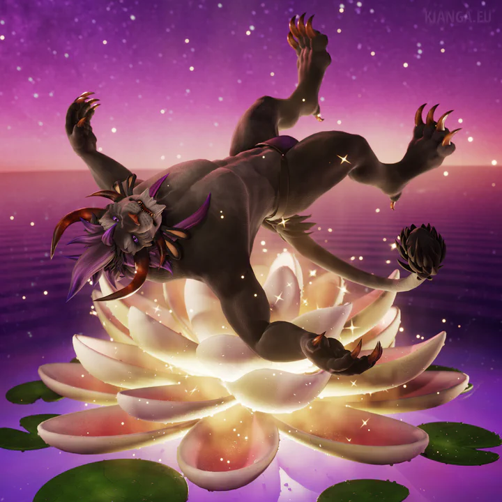 3D render featuring a male charr (Kernas Schi) with dark gray fur and a long purple mane. He is floating above a giant magical lotus flower glowing with golden light, in the middle of a quiet sea with a golden sunrise in the background. Instead of the typical lotus meditation pose, he’s hanging haphazardly in mid-air and looking at the viewer, mostly on his back with arms and legs splayed in all directions, like he’s trying to regain his balance in zero gravity.