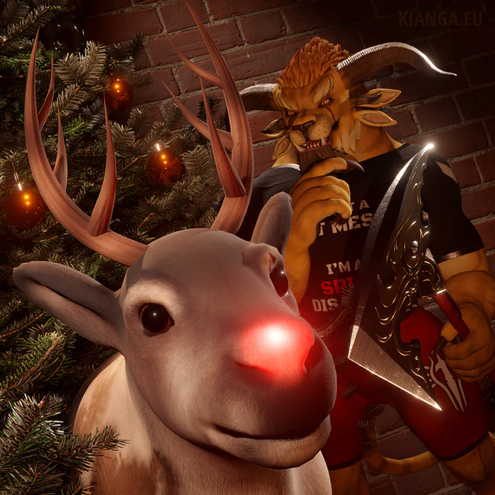 Close-up 3D render of a reindeer with a glowing red nose standing in front of a Christmas tree, with a shocked expression. A charr (Garro Facebreaker) is standing behind the reindeer with a wicked grin, staring at it with a large axe in hand, its edges glinting in the light.
