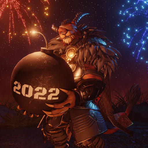 3D render of a male charr (Bloodeye Lacsap) in full battle armor, standing outside at night with fireworks in the background. He is holding a giant bomb (the cartoony kind) with a lit fuse, grinning at the viewer. The bomb has the number 2022 written on it in large white letters.