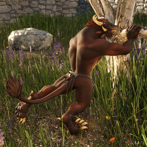 3D render of a male charr with brown fur, leaning against a birch tree with his back to the viewer and stretching. He's only wearing a black leather jockstrap.
