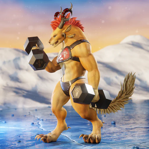 3D render of a female charr with golden fur and a fiery red mane lifting weights. She's standing somewhere outside on a frozen blue lake with snow drifts in the background, but the cold doesn't seem to bother her.
