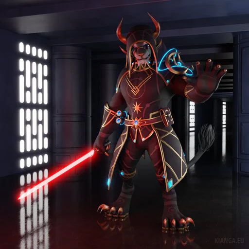 3D render of Kernas Schi, a charr wearing elegant black clothing with gold accents and blue glowing elements. He’s standing in a sci-fi corridor that could be from one of the Star Wars movies. In his right paw he’s wielding a lightsaber, extended and glowing bright red, and his left paw is raised threateningly towards the viewer.
