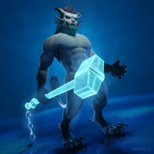 3D render of a male charr with light gray fur standing in an abstract icy environment. He is not wearing any clothes and holding a giant magical frozen hammer (strategically placed for a little bit of decency), while looking at the viewer with a confident smirk.
