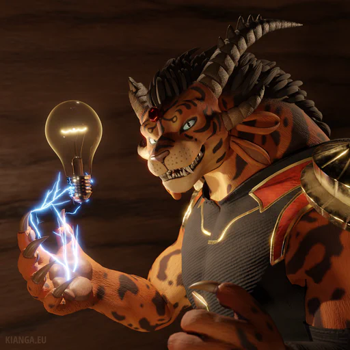 3D render of a male charr with a red eye patch wearing black shorts and a red tank top. He's grinning at the viewer and holding up his right hand, which is enveloped in glowing red magic.
