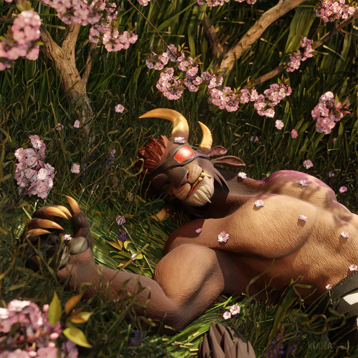 3D close-up render of my charr warrior Kianga Snowstorm, with a red eye patch on his left eye, sleeping shirtless and peacefully in the grass under a cherry tree.