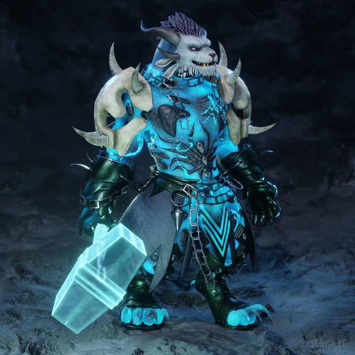 3D render of Drizzlebone, a male charr standing in a dark, rocky environment. He’s wearing armor made of dark green steel with a ghostly blue glow, skull-like shoulder armor, and chains draped decoratively around his neck, wrists, and waist. He’s also wielding a large, semi-transparent hammer in his right paw that glows in a similar ghostly blue color.