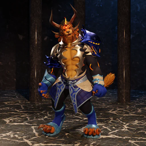 3D render of Warrick Ashblood, a charr elementalist standing in a dark marble hall. He’s wearing blue & black armor that reveals a muscular chest with orange fur and an x-shaped scar. A magical flame gem floats above his forehead, and glowing cables filled with a lava-like liquid protrude from his arms.