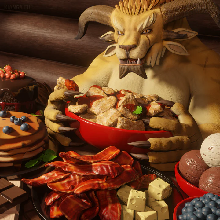 Indoor scene featuring Garro sitting at a breakfast table crammed with food, and not the healthiest kind: He’s clutching a giant bowl of chicken nuggets with both paws, but all around him filling the camera frame there is also: chocolate cake decorated with strawberries, blueberry pancakes dripping with syrup, dark and white chocolate bars, a large plate stacked with bacon and cheese cubes, another bowl with blueberries, and a bowl with chocolate and vanilla ice cream.