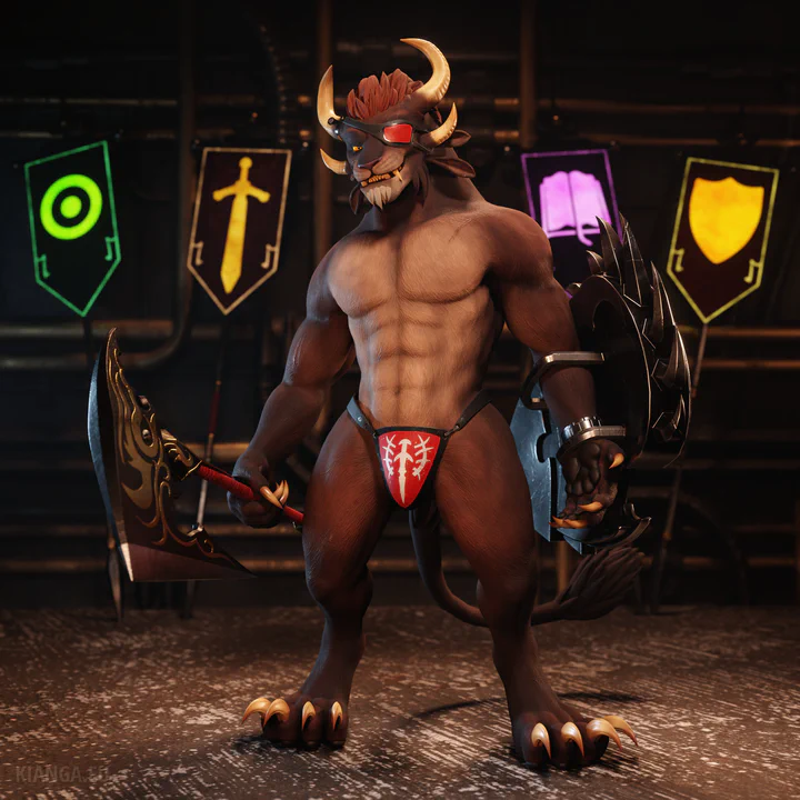 Indoor scene featuring my charr warrior standing ready for battle with a smug grin. He’s wielding a large spiked shield in his left hand and a battle axe in his right hand, but his clothing is rather insufficient for combat: only his signature red eye patch and minimal Blood Legion themed underwear. Behind him, four colorful warrior banners from the game are leaning against a wall covered with random pipes.