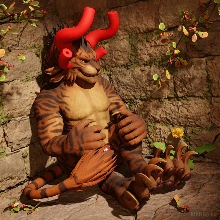 3D render of a younger charr with orange fur and tiger stripes, sitting in a corner against a wall of mossy stone bricks. He has bright red pool noodles on his curved horns, his paws are resting on his knees, and he's grinning like he's already planning his next mischief.
