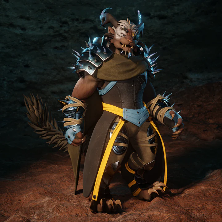 3D render of a female charr with brown fur wearing an outfit consisting of a steel eyepatch, spiked steel pauldrons and gauntlets, an olive cloak, a dark leather chest piece, leather pants reinforced with steel thigh plates, and steel boots.