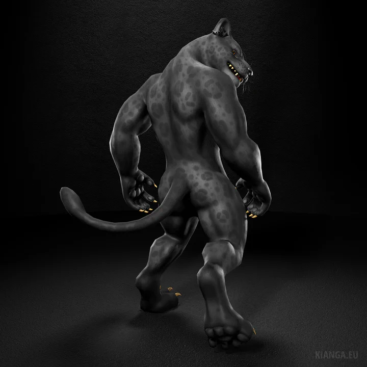 3D full-body render of an anthropomorphic black jaguar with a muscular build, his back turned towards the viewer, looking over his shoulder at the viewer. Both hands held slightly above his thighs, one foot extended backwards to show black paw pads.