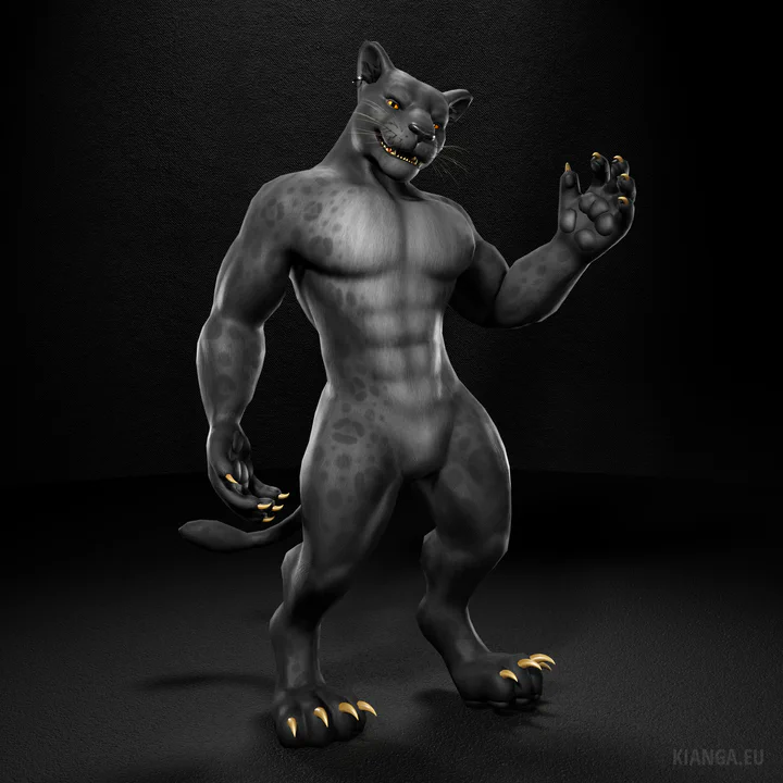 3D full-body render of an anthropomorphic black jaguar with a muscular build and a simple steel earring in his right ear. He’s standing upright, left hand raised showing black paw pads, right hand lowered to his thighs. He’s looking at the viewer with a smile, head slightly tilted.