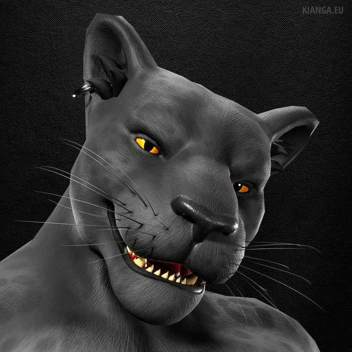 3D close-up render of an anthropomorphic black jaguar with orange eyes, looking at the viewer with a smile, head slightly tilted. He has a simple steel earring in his left ear.