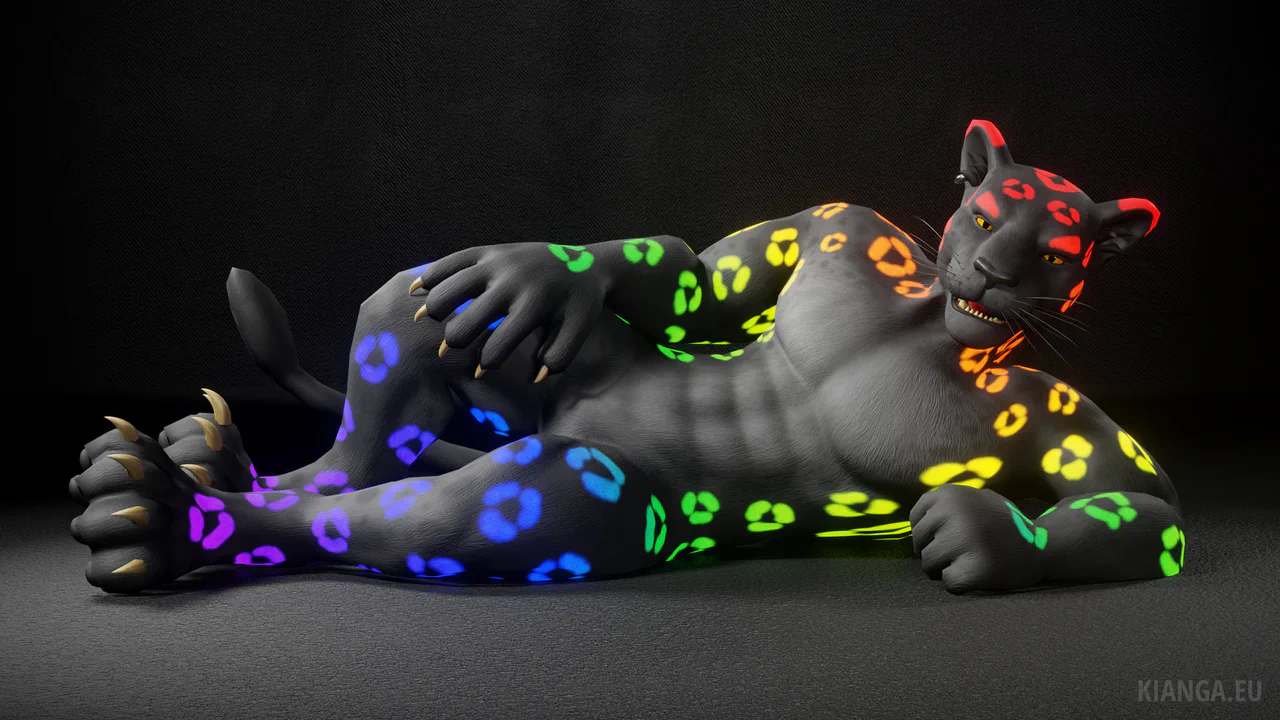 3D render of an anthropomorphic black jaguar, lying comfortably propped up on his left elbow and looking at the viewer. He has a muscular build and glowing rosettes all over his body, running in rainbow colors from his head to his feet.