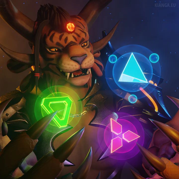 3D render of Warrick Ashblood, a charr elementalist, looking curiously at three magical symbols floating between his open paws: various geometric shapes glowing bright green, magenta, and blue.