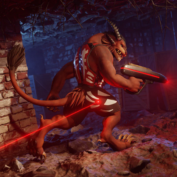 3D render of a charr (Lacsap) wearing a casual Blood Legion outfit in dark underground ruins: old brick walls, rotting crates, blue foggy atmosphere. Lacsap is running past the viewer towards the right and holding a laser gun in his right paw, looking back over his shoulder with a shocked expression. A bright red laser beam coming from behind is aiming right at his butt. Red light from the beam and Lacsap’s own gun illuminates the foreground and his face.