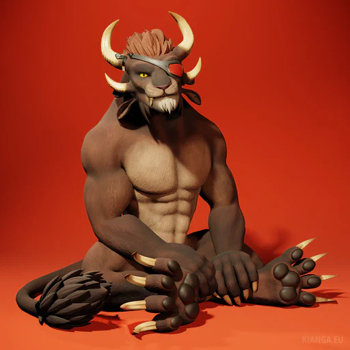 3D render of my charr warrior, Kianga Snowstorm, sitting in a kind of cross-legged pose against a simple red background. His hands are resting on his feet in front of him, and he’s looking at the viewer like a cat lost in thought. No clothes except for his eye patch, but sensitive parts are covered due to the pose.