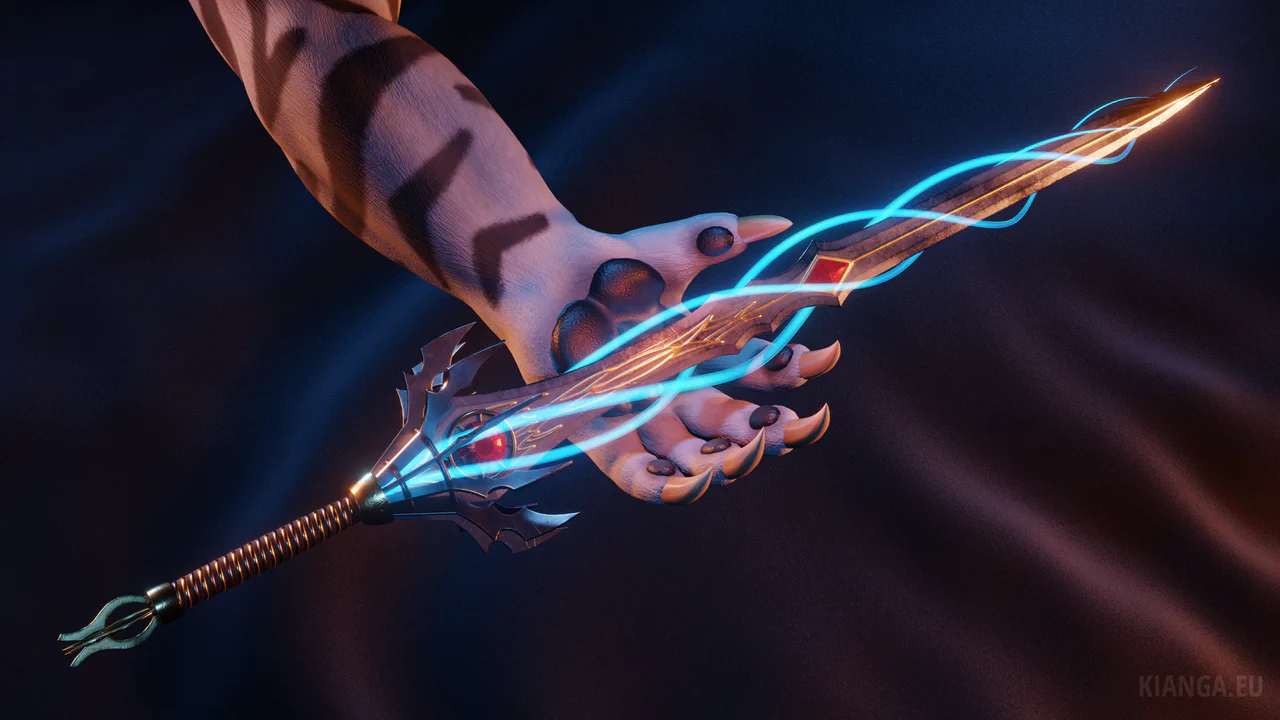 3D render of the Weaver’s Warp Blade from Guild Wars 2, hovering above a charr’s hand paw, against an abstract black cloth background.