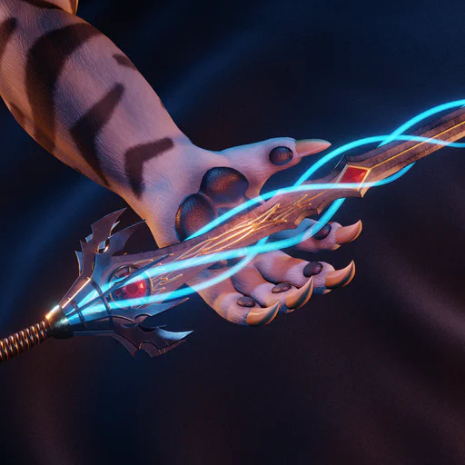 3D render of the Weaver’s Warp Blade from Guild Wars 2, hovering above a charr’s hand paw, against an abstract black cloth background.