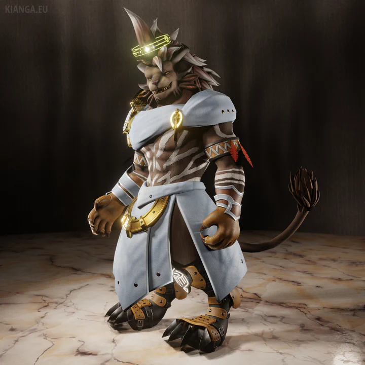 3D render of Zeno Darkspire, a male charr wearing an outfit of white fabric and yellow/gold elements: yellow halo above his head, white cloth around his shoulders with gold plates on his right shoulder, chest mostly bare with painted white tribal markings, leather straps with two red feathers around his biceps, white leather gloves and leggings with a golden belt adornment, and heavy black boots with yellow leather straps.