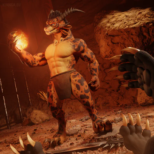 3D render of a charr elementalist (Ignado Flaredancer) standing tall in front of the viewer in a simple loincloth outfit. The scene takes place in a rocky cave lit from above with reddish light: Metal bars block the left side, and a Flame Legion banner is vaguely visible in the background, suggesting some kind of arena. Ignado is holding up and looking at his right paw, glowing with magical fire. The viewer is in a fallen/sitting position on the ground, with only their (charr) feet and right hand in view, reaching up helplessly. A dropped Ash Legion combat blade lies in front of their feet, just out of reach.