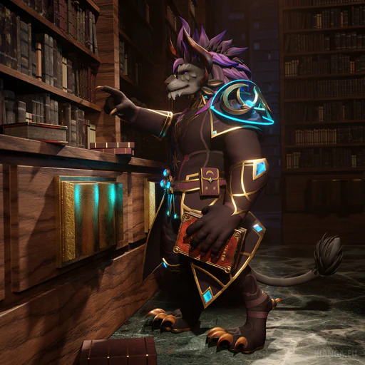 3D render of a charr (Kernas Schi) in full Astral Scholar outfit (dark purple robe, gold accents, blue glowing gems) standing in a huge, dimly lit library. The shelves are packed with books, and so tall we can’t see the ceiling. He’s holding a red tome in his left hand, and pointing a sharp claw on his other hand at books in the shelf in front of him.