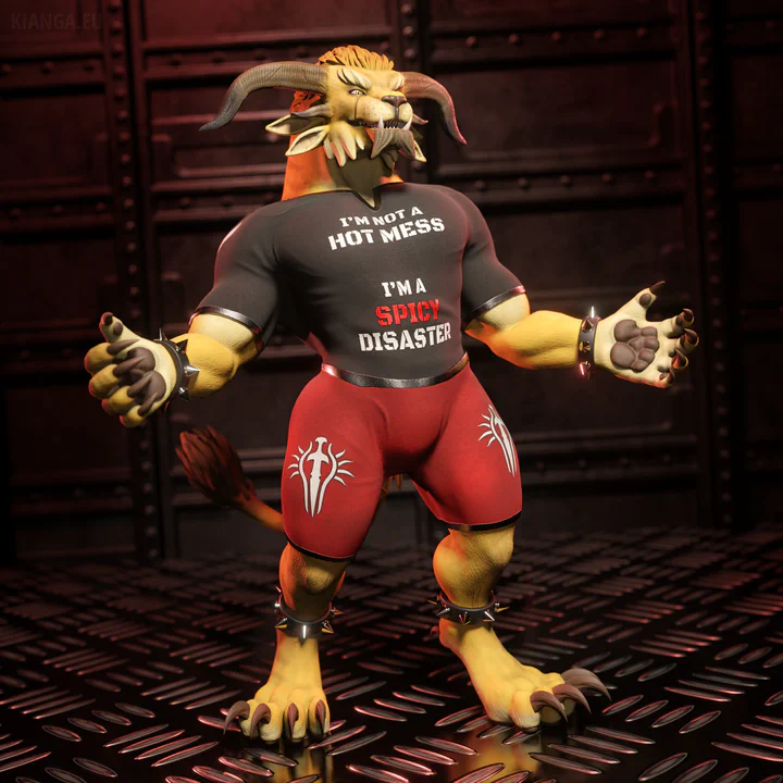 3D render of a male charr (Garro Facebreaker) standing with arms open. He’s wearing simple red pants with white Blood Legion emblems on his thighs, and a black shirt with silver edges and white text: “I’M NOT A HOT MESS - I’M A SPICY DISASTER”. The word “spicy” is colored bright red.