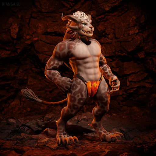 3D render of a male charr standing in a dark cavern with a relaxed pose: right paw on his hip, looking towards the right. He has a muscular build with light gray fur, brown irregular spots, and green eyes, and is wearing a kind of jockstrap with a Flame Legion design.