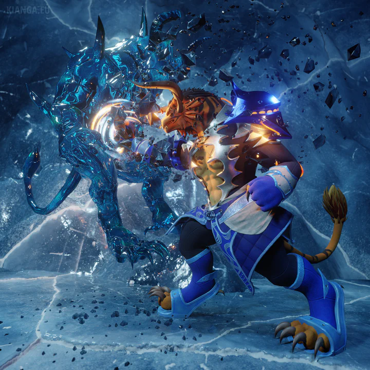 3D render of a charr elementalist (Warrick Ashblood) fighting against a Branded charr in an icy cave, just as he lands a powerful blow with his right fist, sending his opponent flying backwards. The Branded is completely frozen and turned into transparent ice, with hundreds of icy crystals flying from the impact site.