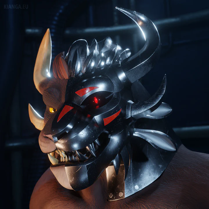 3D close-up render of a male charr (Kianga Snowstorm). The left half of his face has been completely replaced with steel parts, including his fangs, horns, and hair. He’s grinning and looking at the viewer with his one remaining natural eye, the other glowing with an ominous red laser light.