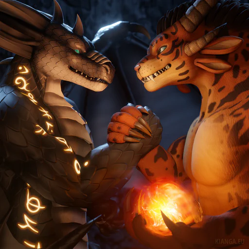 3D close-up render of an anthropomorphic dragon (Seraphis Zurvan) on the left and a charr (Ignado Flaredancer) on the right doing a “modern” handshake. Glowing runes running along Seraphis’ body illuminate Ignado’s face, while a fireball in Ignado’s hand illuminates Seraphis’ face. The dragon’s left wing covers most of the background, held in a way that shields them both from the environment.